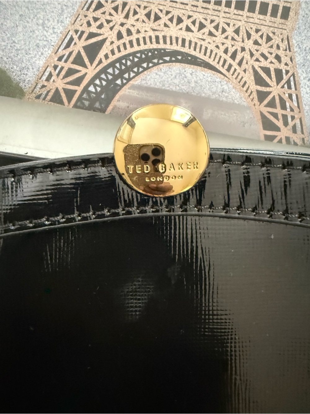 Ted Baker Black Patent Leather Tote with Gold Logo Disc